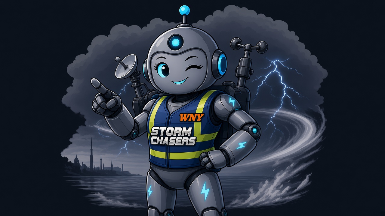 SkyBot, WNY Stormchasers AI assistant in a chase safety vest